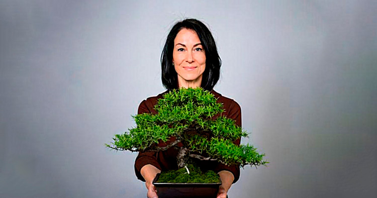 Mujer regalando un bonsái